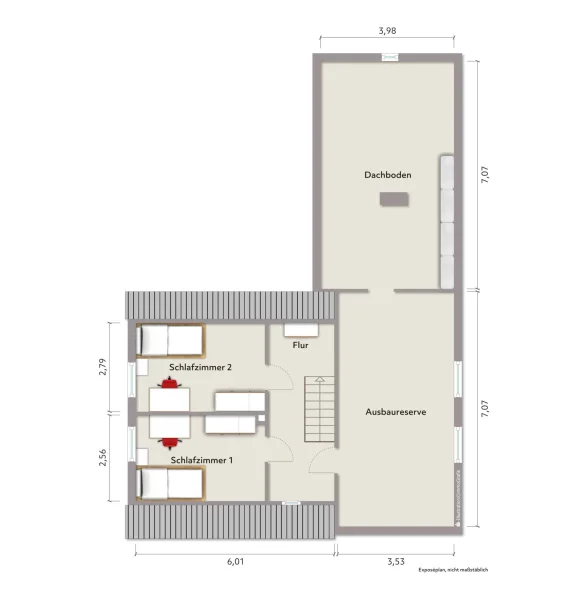 Grundriss Dachgeschoss (nicht maßstabsgerecht, Möblierungsbeispiel)