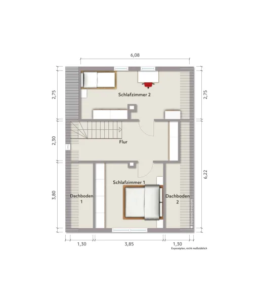 Grundriss Dachgeschoss (nicht maßstabsgerecht, Möblierungsbeispiel)