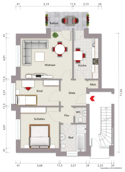 Grundriss der Wohnung (nicht maßstabsgerecht, Möblierungsbeispiel)