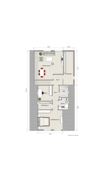 Grundriss Dachgeschoss (nicht maßstabsgerecht, Möblierungsbeispiel)