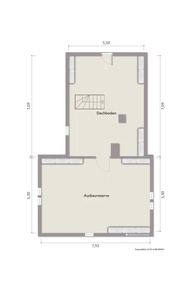 Grundriss Dachgeschoss (nicht maßstabsgerecht, Möblierungsbeispiel)