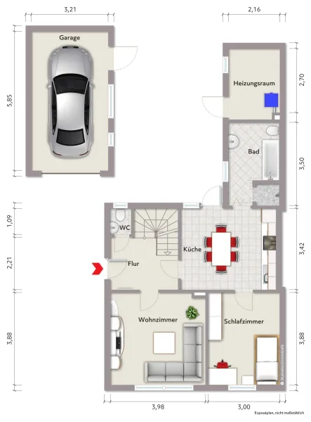 Grundriss Erdgeschoss (nicht maßstabsgerecht, Möblierungsbeispiel)