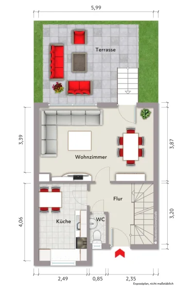 Grundriss Hochparterre (nicht maßstabsgerecht, Möblierungsbeispiel)