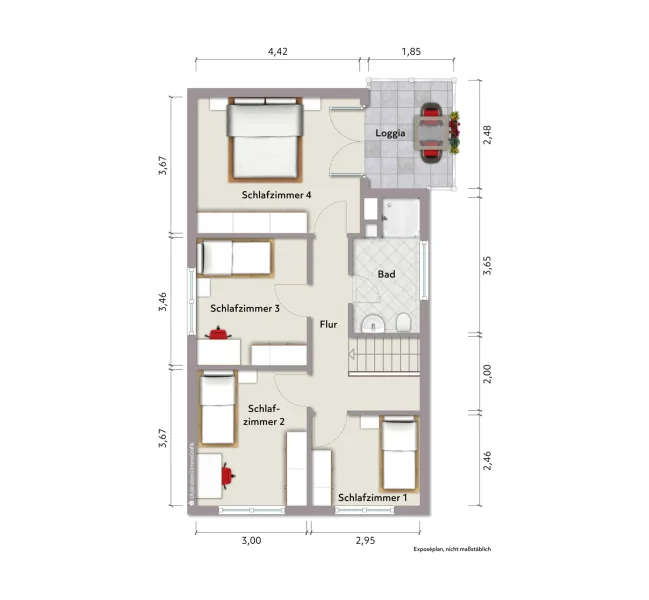 Grundriss Hochparterre (nicht maßstabsgerecht, Möblierungsbeispiel)