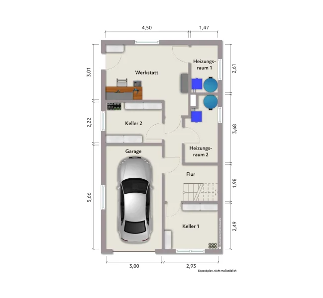 Grundriss Souterrain (nicht maßstabsgerecht, Möblierungsbeispiel)