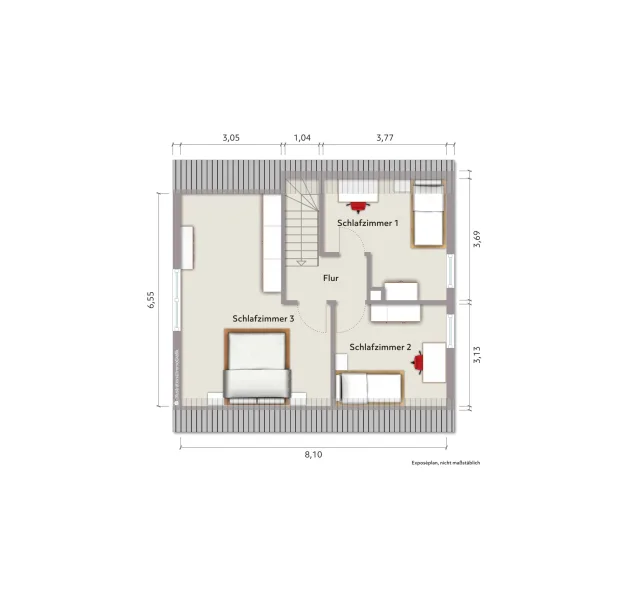 Grundriss Dachgeschoss (nicht maßstabsgerecht, Möblierungsbeispiel)