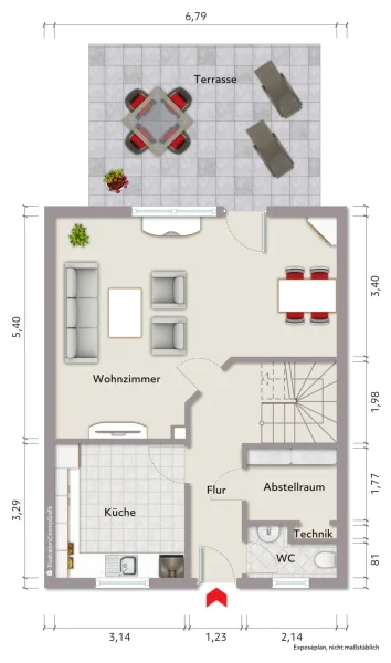 Grundriss Erdgeschoss (nicht maßstabsgerecht, Möblierungsbeispiel)