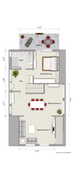 Grundriss Dachgeschoss (nicht maßstabsgerecht, Möblierungsbeispiel)