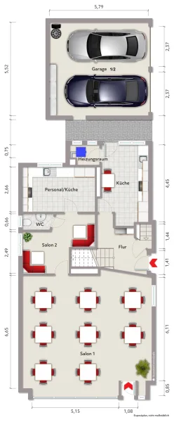 Grundriss Erdgeschoss (nicht maßstabsgerecht, Möblierungsbeispiel)