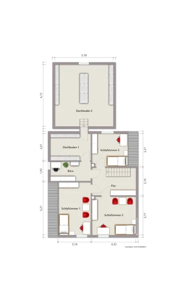 Grundriss Dachgeschoss (nicht maßstabsgerecht, Möblierungsbeispiel)