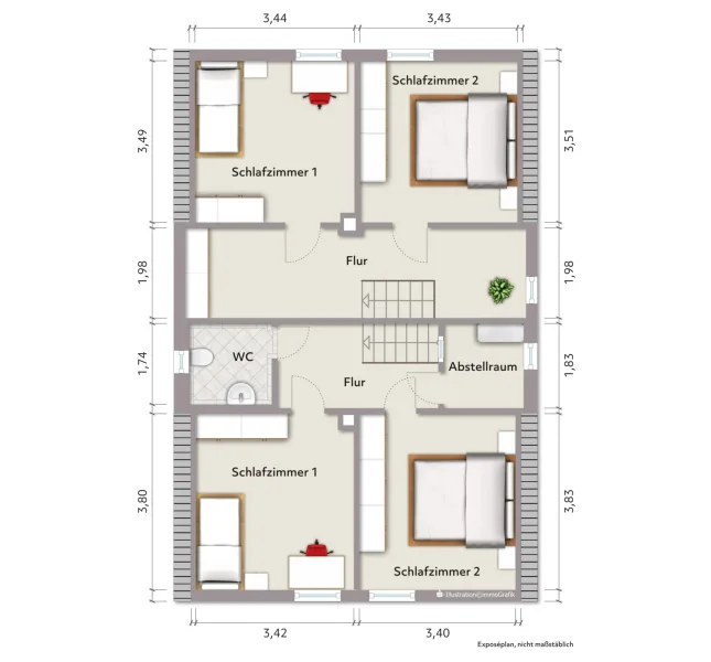 Grundriss Dachgeschoss (nicht maßstabsgerecht, Möblierungsbeispiel)