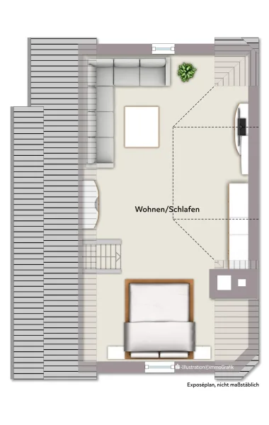 Grundriss DG (nicht maßstabsgerecht, Möblierungsbeispiel)