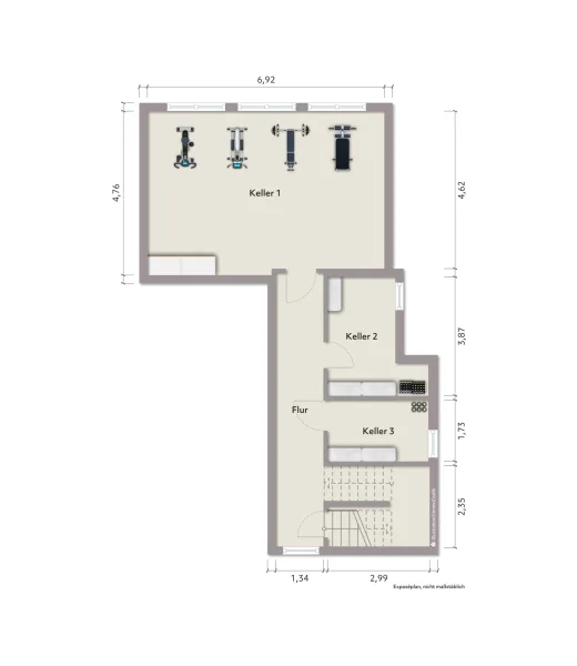 Grundriss Kellergeschoss (nicht maßstabsgerecht, Möblierungsbeispiel)