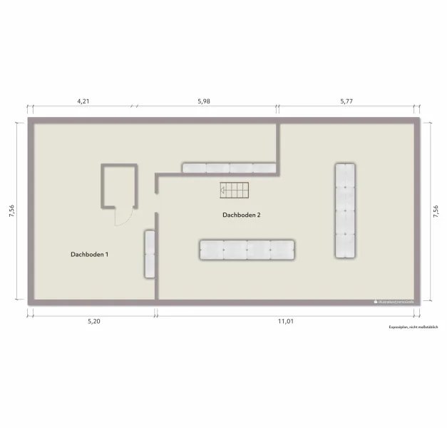 Grundriss Spitzboden (nicht maßstabsgerecht, Möblierungsbeispiel)