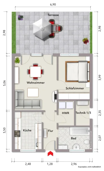 Grundriss Erdgeschoss (nicht maßstabsgerecht, Möblierungsbeipiel)