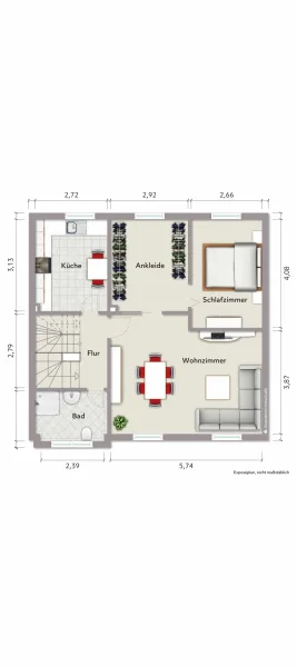 Grundriss Dachgeschoss (nicht maßstabsgerecht, Möblierungsbeispiel)