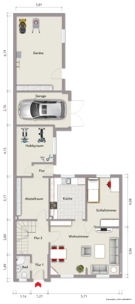 Grundriss Erdgeschoss (nicht maßstabsgerecht, Möblierungsbeispiel)