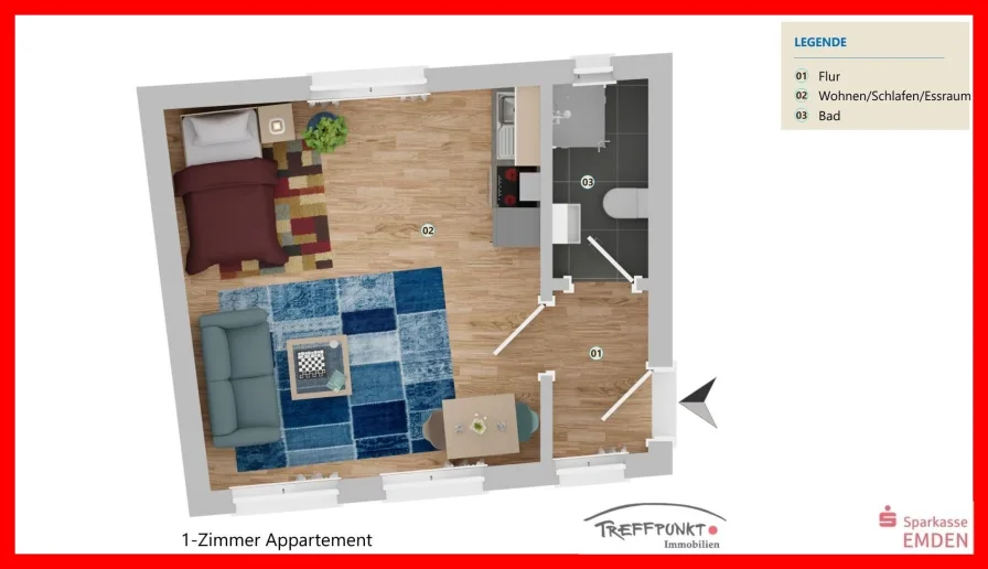 Grundriss 1-Zimmer-Appartement