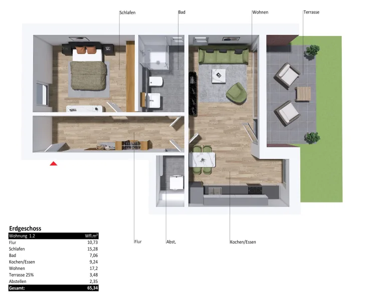 Grundrissvisualisierung EG Wohnung 2.2