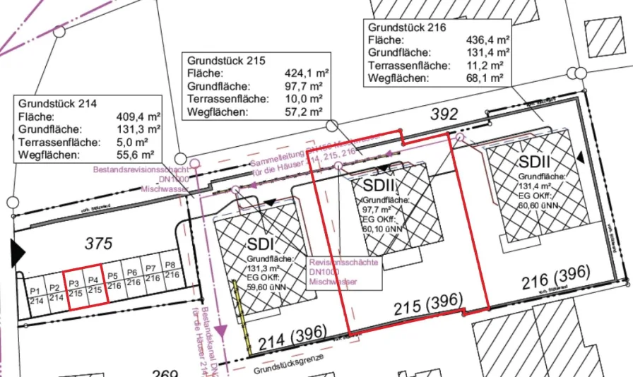 Größenangaben aus „Lageplan Entwässerung“