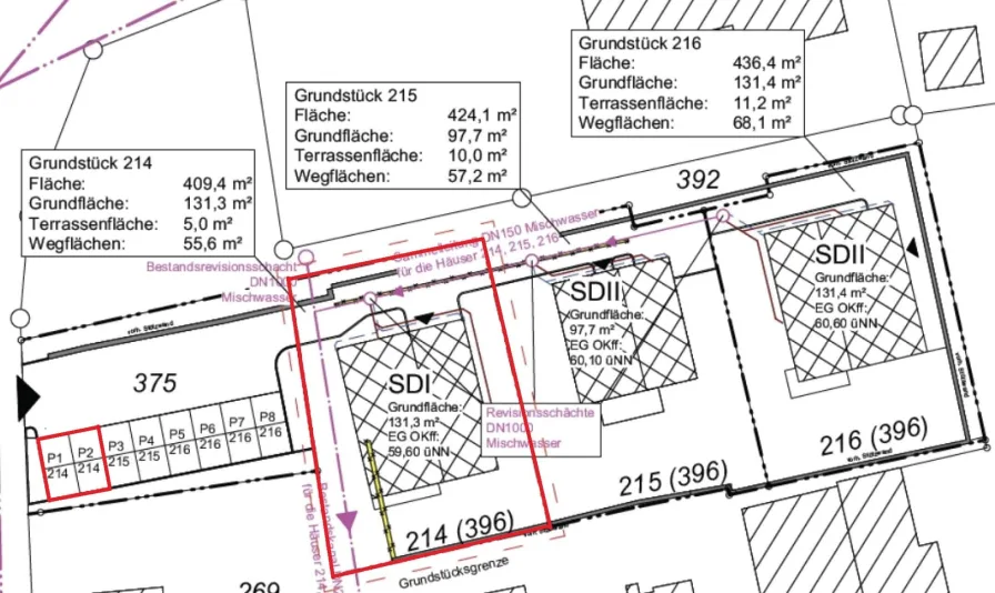 Größenangaben aus „Lageplan Entwässerung“