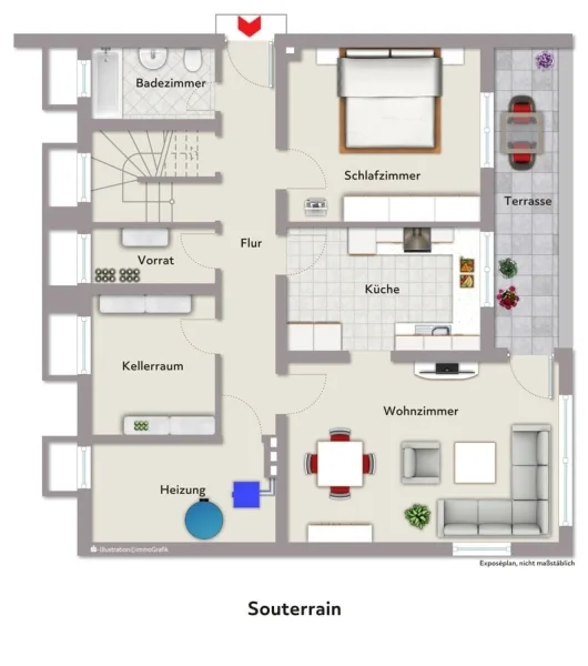 Grundriss Einliegerwohnung mit Beispielmöblierung