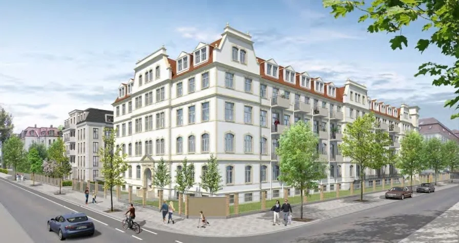 Außenvisualisierung - Straßenansicht Bestandsgebäude - Freizeitimmobilie kaufen in Dresden - Gewerbefläche geeignet für Fitnessbetriebe