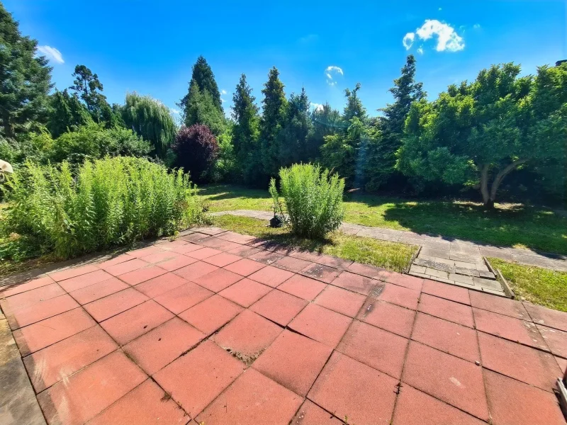 Terrasse und Blick aufs Grundstück