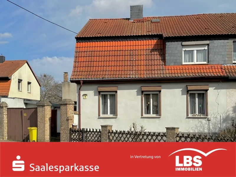 Straßenansicht mit Einfahrt - Haus kaufen in Petersberg - Doppelhaushälfte auf GROSSEM Grundstück mit Nebengelass