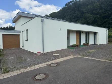 Bungalow Vorderansicht - Haus kaufen in Schmelz - Modernes, außergewöhnliches Architektenhaus 144m² mit Einliegerwohnung 46m² in ruhiger Waldrandlage