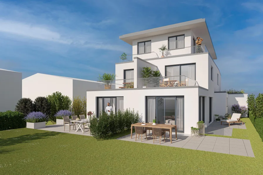 Außenansicht Süden Visualisierung - Wohnung kaufen in München - Neubau einer 4-Zimmer-Dachterrassen-Maisonettewohnung in Forstenried