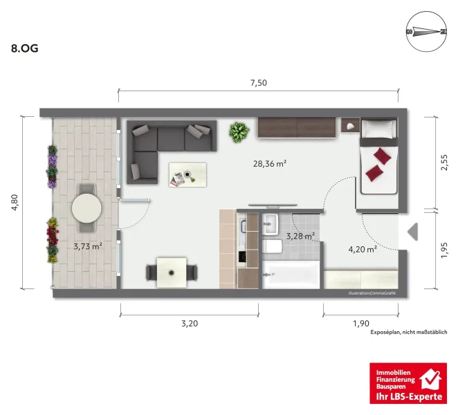 Grundriss möbliert, Loggia zeigt nach West