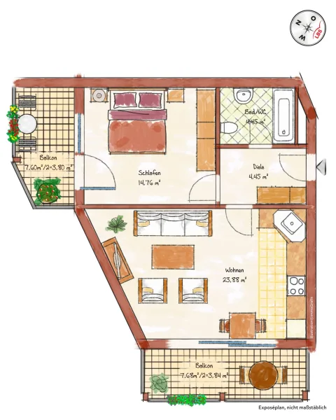 2-Zimmerwohnung in Süd-Westausrichtung, 1. Obergeschoss