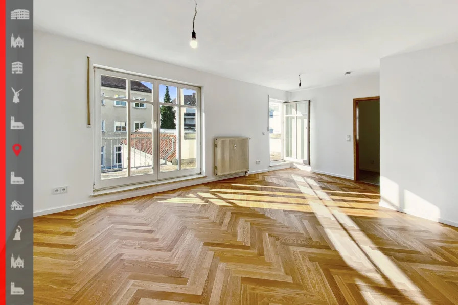 Wohnzimmer - Wohnung kaufen in München - 3-Zimmer-Terrassenwohnung in direkter Nähe zum Schlosspark mit ca. 100 m² Wohn-/ Nutzfläche