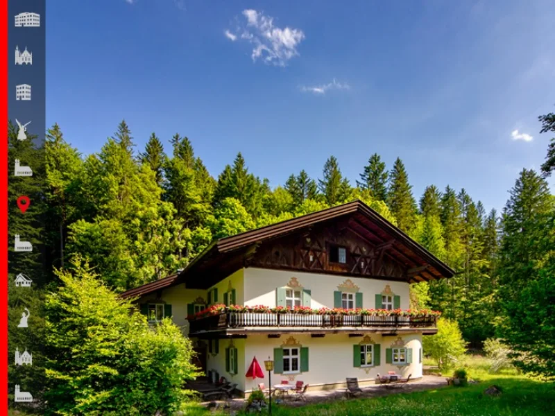 Außenansicht Haupthaus Süd - Haus kaufen in Grainau - Denkmalgeschützte Landhaus-Villa mit Blick auf die Zugspitze
