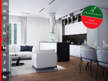 Wohn-/ Essen Visualisierung - Wohnung kaufen in München - Sehr große 2-Zimmer-Wohnung im 1. OG mit 2 Balkonen