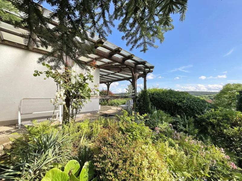 Der Garten mit Terrasse - Haus kaufen in Obernburg - Einfamilienhaus mit Traumblick in Obernburg 