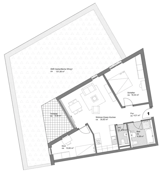 Grundriss als 3-Zi.-Variante Wohnung 1