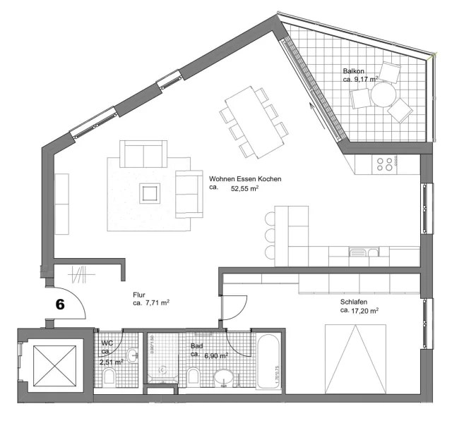 Grundriss Wohnung 6 als 2-Zi.-Variante