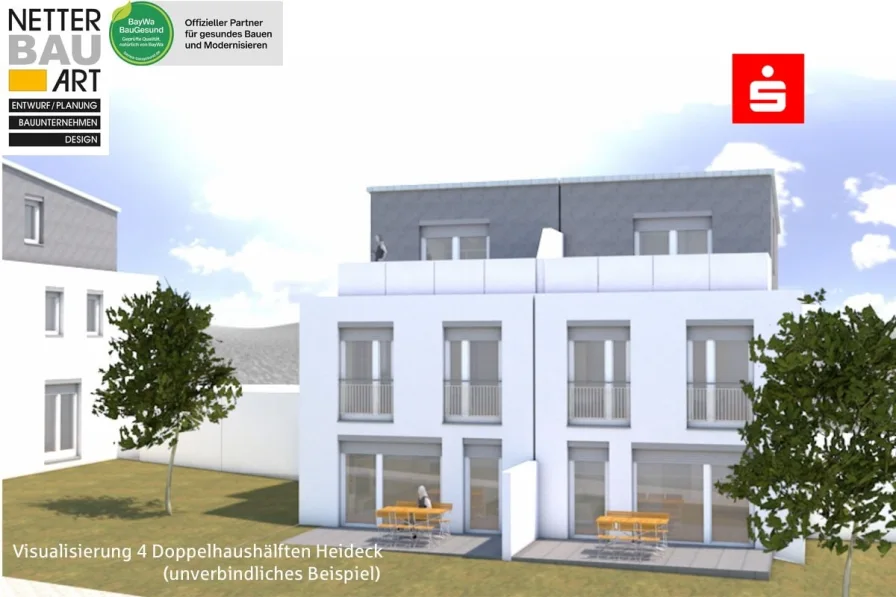 Visualisierung Garten Haus 3 + 4 mit Logo - Haus kaufen in Heideck - NEUBAU von 4 attraktiven Doppelhaushälften