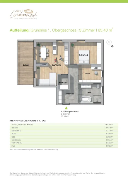 Grundriss 1. Obergeschoss: 3-Zimmer