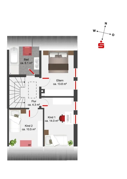 Grundriss Obergeschoss - Variante mit 3 Zimmer