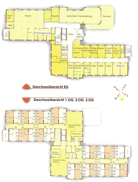 Geschossübersicht, EG, 1. OG, 2. OG und 3. OG