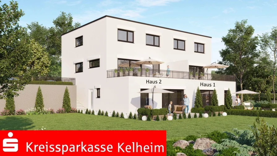 10001-Außenvisualisierung Haus 1 und Haus 2 - Haus kaufen in Ihrlerstein - Neubau-Doppelhaushälfte in Ihrlerstein - KfW 40 plus - Modern und energiesparsam!