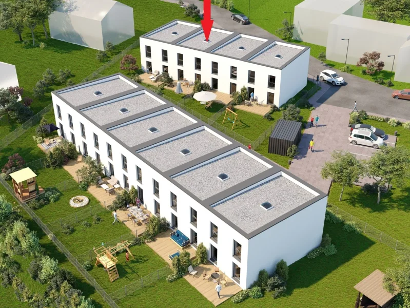 10417 Ansicht der Anlage mit Pfeil - Haus kaufen in Theres - Wohn(t)räume im Grünen! Neubau von familienfreundlichen Reihenhauswohnungen mit sonnigen Terrassen und Gärten!