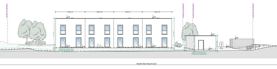 Reihenhauswohnungen Gesamtansicht Haus A - D (Süden)