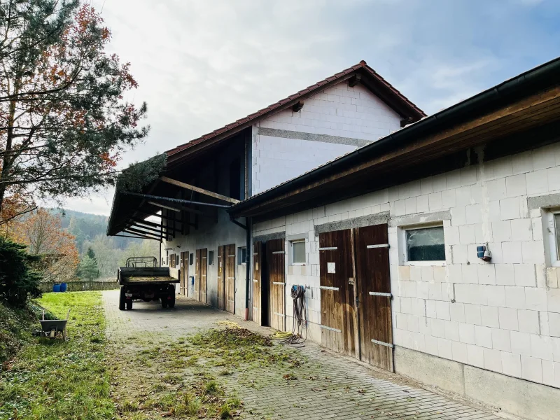 Ansicht der Stallung mit Vordach