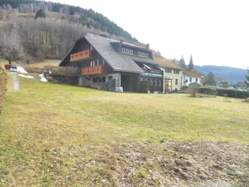 Hausansicht vom Grundstück - Haus kaufen in Todtnau - Großes Grundstück, großes Haus, idyllische Lage am Fluß unterhalb des Feldbergs