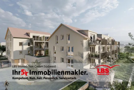 Rückansicht Häuser 2 & 3 - Wohnung kaufen in Gomaringen - Eleganz trifft Stil: Ihr neues Zuhause mit Balkon!