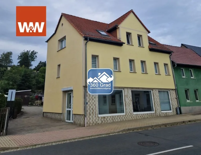 Neue Straßenansicht - Haus kaufen in Schmölln - Ihr Anlageobjekt mit 2 Mietparteien + freier Gewerberaum- erster Blick in 360° Online Tour!!